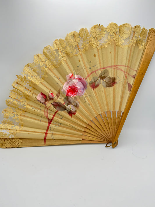 Large Vintage Hand Fan Lace Hand Painted Roses Wood Cotton 15-27” AS IS‼️