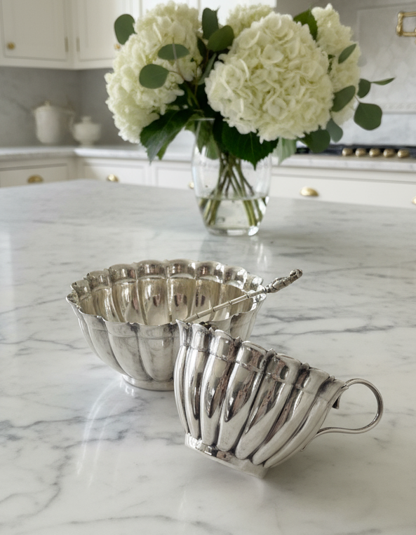 Antique Silverplate Creamer & Sugar with Spoon ESPN in Fitted Presentation Box