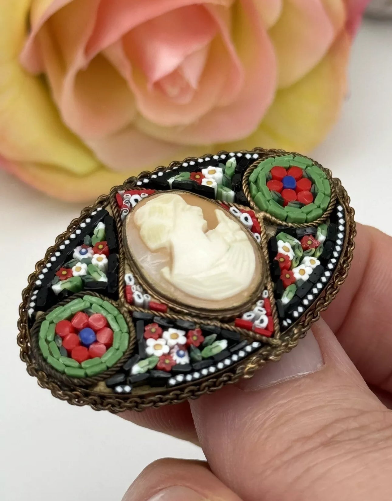 Antique Cameo Micro Mosaic Brooch Oval Estate Find Made In Italy