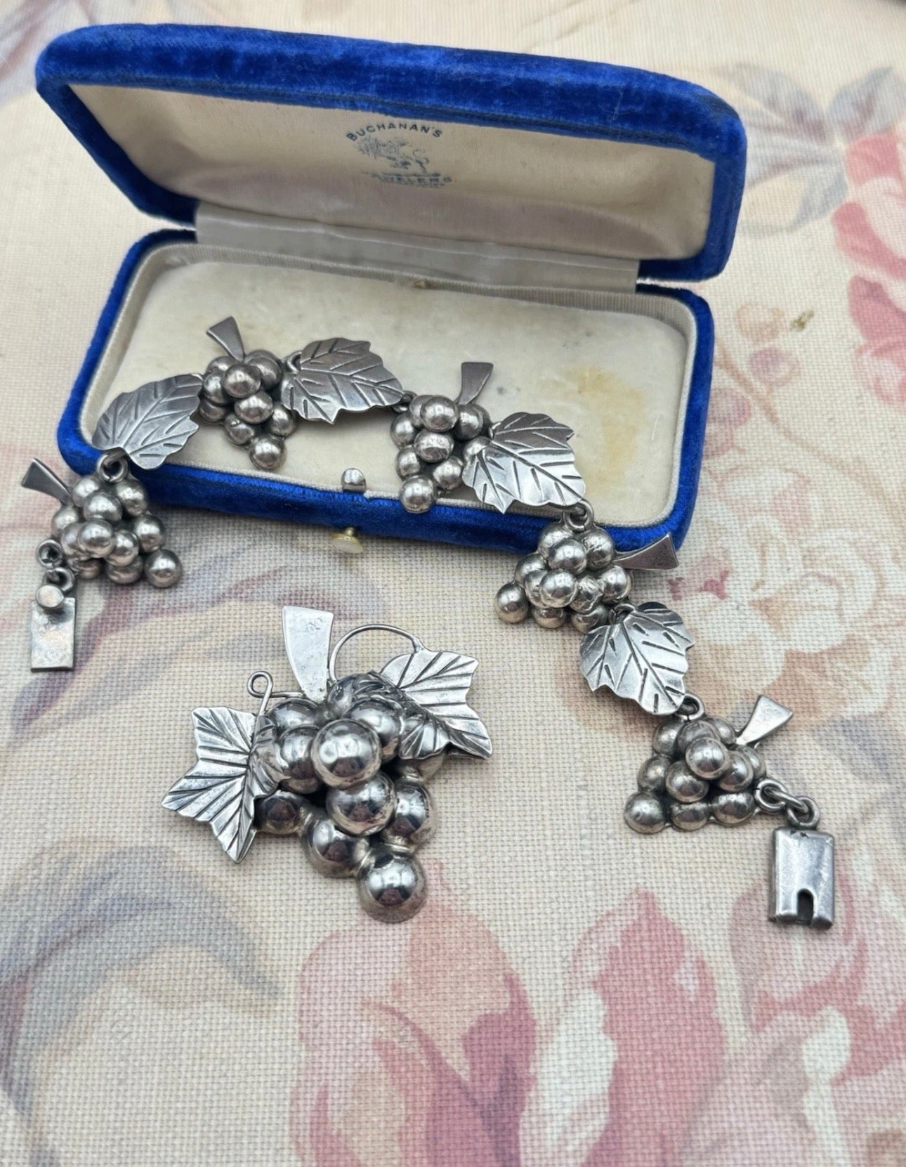 Vintage Mexico 925 Grape Sterling Bracelet Brooch Pendant Chain Set