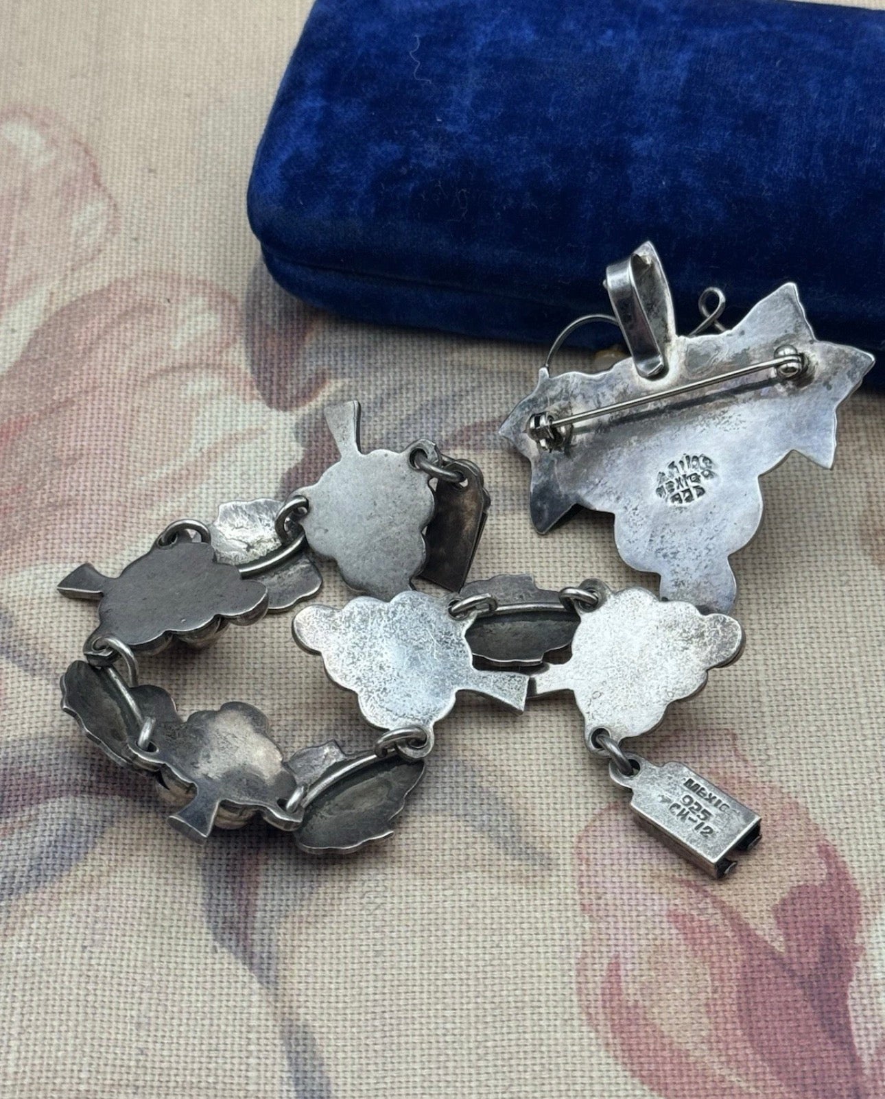 Vintage Mexico 925 Grape Sterling Bracelet Brooch Pendant Chain Set
