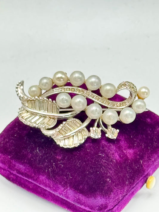 Vintage Pennino Brooch Silver Tone Faux Pearl Rhinestone Leaf Design Signed