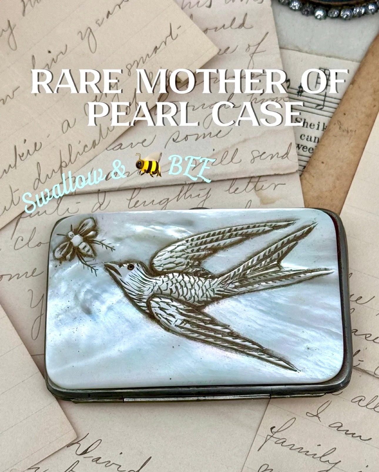 RARE Antique Mother Of Pearl Swallow Bee Carved Cigarette Cigar Calling Card Case Victorian Design