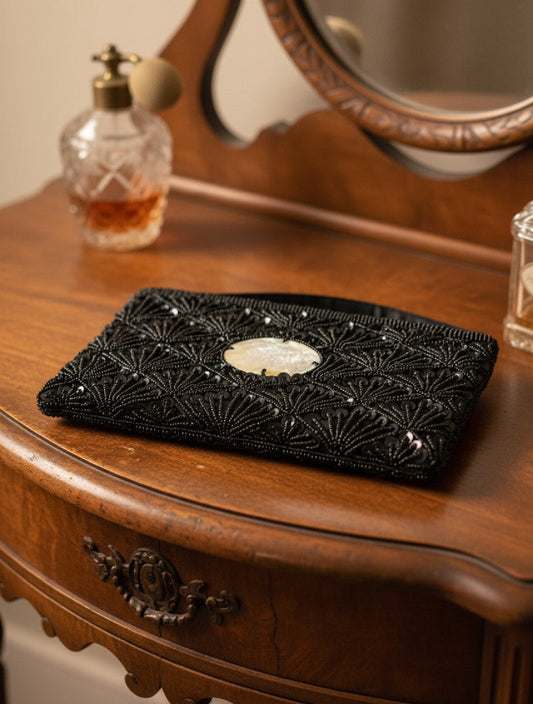 Vintage 80s Beaded Black Clutch MOP Accent Small Strap  ESTATE FIND