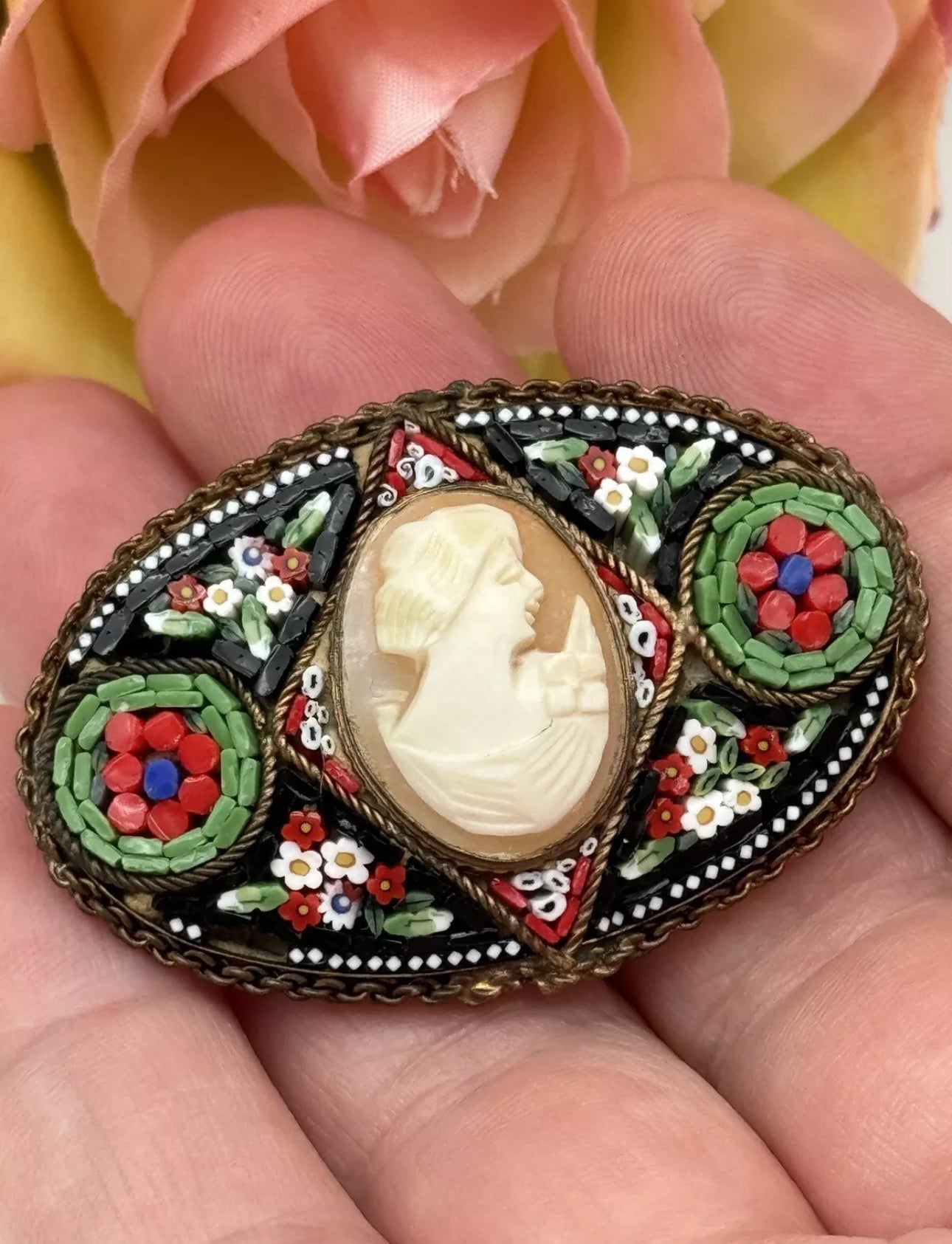 Antique Cameo Micro Mosaic Brooch Oval Estate Find Made In Italy