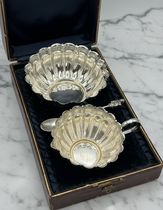 Antique Silverplate Creamer & Sugar with Spoon ESPN in Fitted Presentation Box
