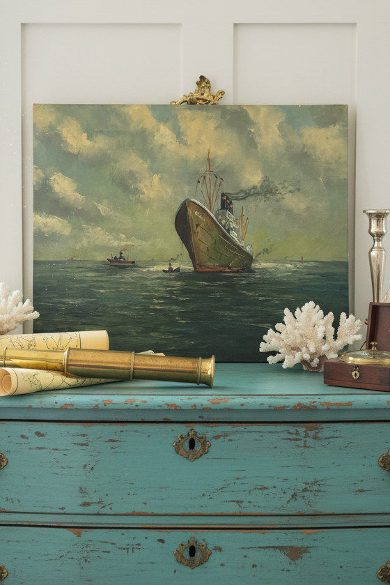 Vintage Marine Oil Painting Ship Nautical Seascape Signed Wells 20x16” Canvas