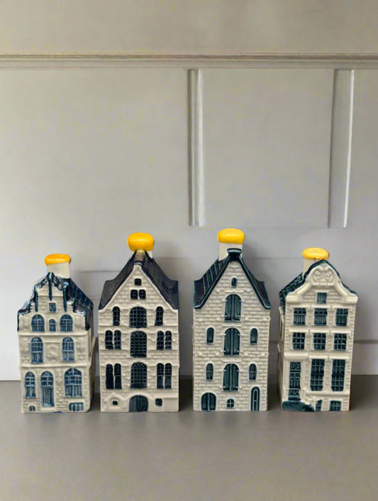 Set of 4 KLM Delft Blue Miniature Houses – #22, 37, 54, 62 – Sealed (Empty)
