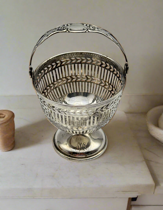 George III STYLE Reticulated Sugar Basket STERLING SILVER Handle Monogram H 93g