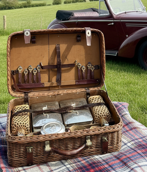 Antique Automobile Wicker Picnic Basket Late 19th Century RARE 5 Items Inside