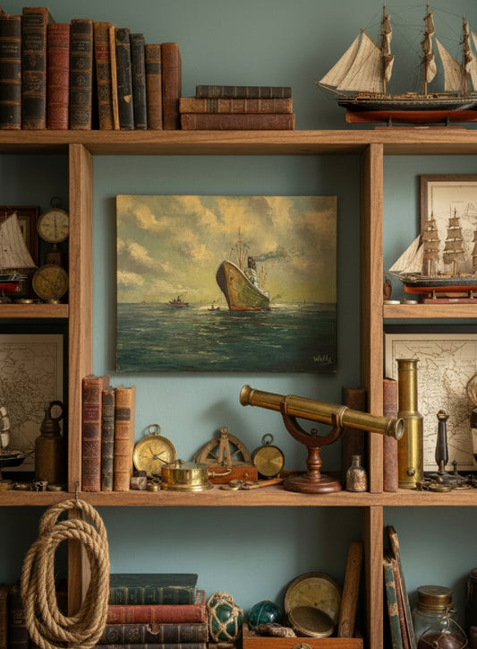 Vintage Marine Oil Painting Ship Nautical Seascape Signed Wells 20x16” Canvas