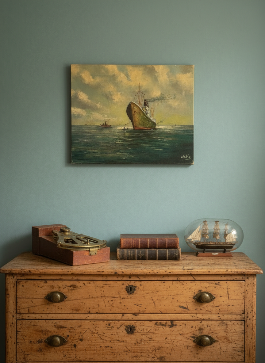 Vintage Marine Oil Painting Ship Nautical Seascape Signed Wells 20x16” Canvas