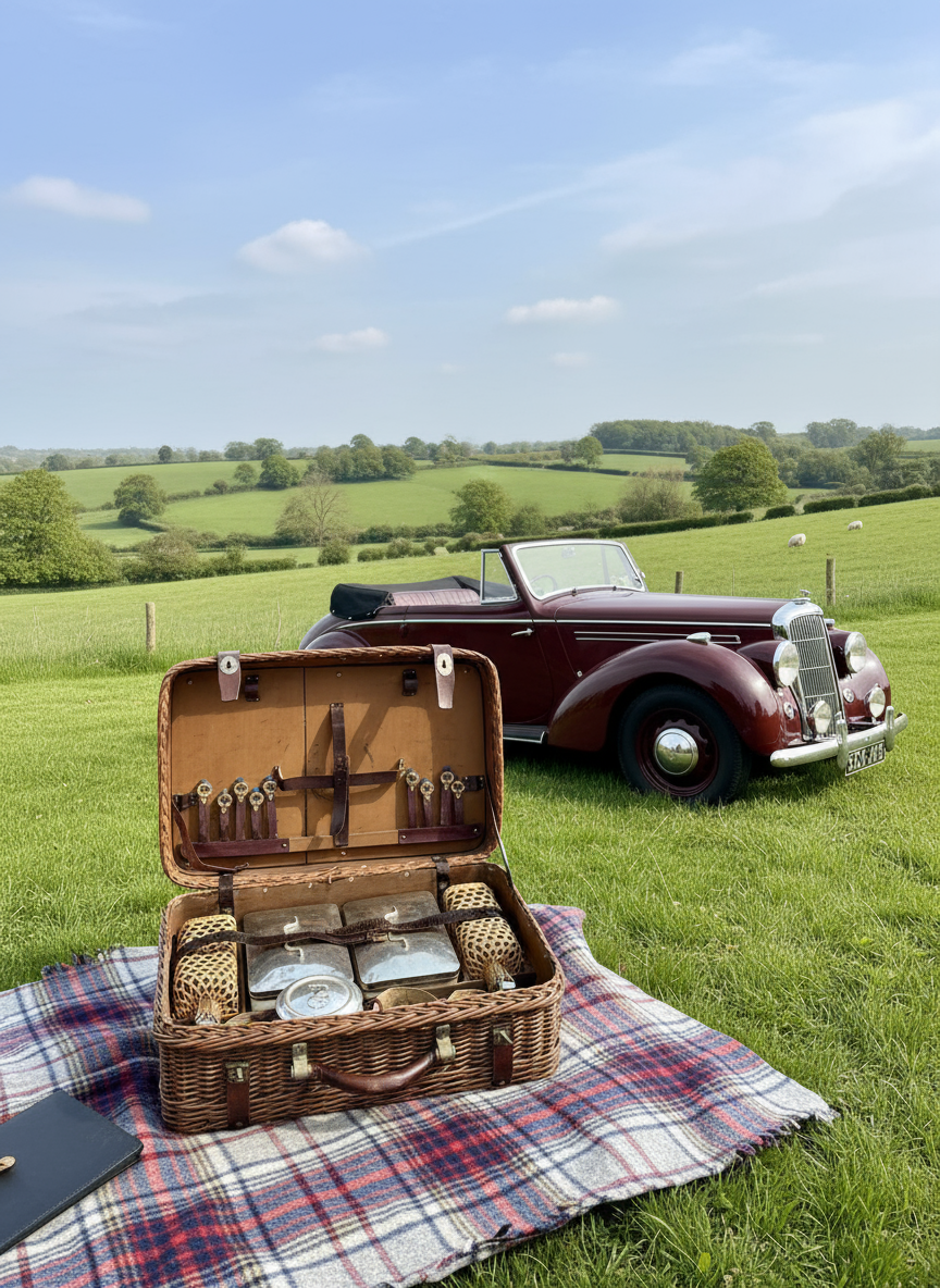 Antique Automobile Wicker Picnic Basket Late 19th Century RARE 5 Items Inside