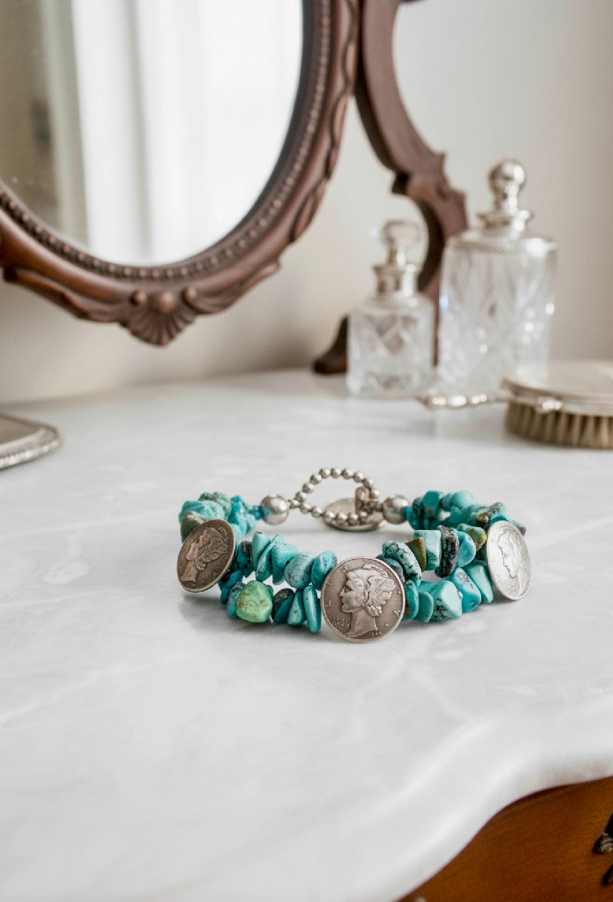 Vintage Triple DIME Coin with DIME Fastener Turquoise Bracelet Unsigned ESTATE FIND