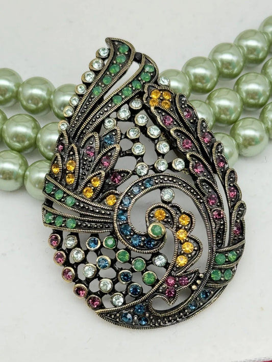 HEIDI DAUS Green Faux Pearl NECKLACE W/MULTICOLOR RHINESTONES & PENDANT Signed