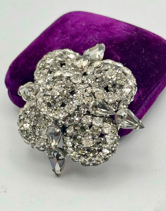 WARNER Rhinestone Brooch Domed 3D Cluster Pear Navette Stones SIGNED
