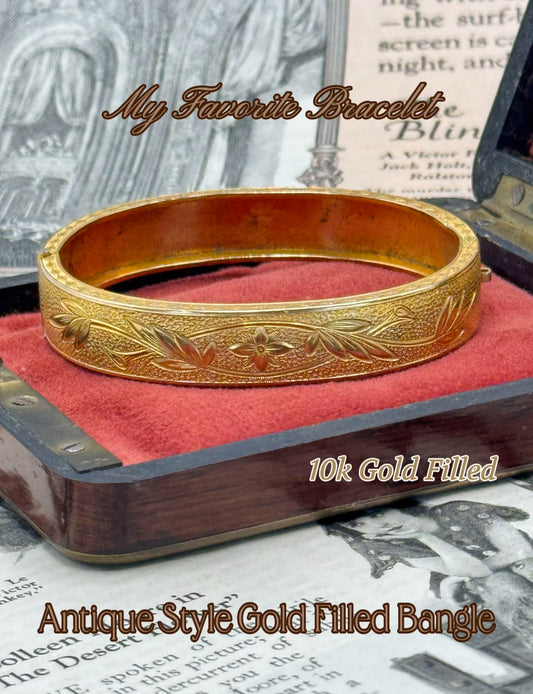 Vintage 10k Gold Filled Bangle Bracelet Etched Antique Design Estate Find 6.5”+