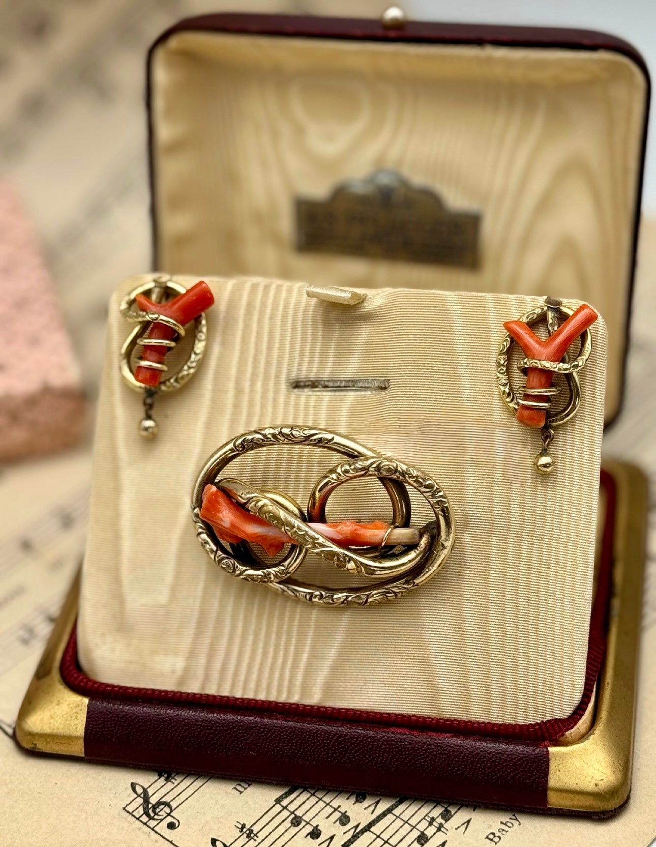 Victorian Gold Filled Coral Branch Brooch & Earring Set – Antique Conversion Post Earrings – c.1860-1880