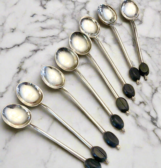 Espresso Demitasse Spoons With Wooden Bean Art Deco Style Set Of 8 Silverplate