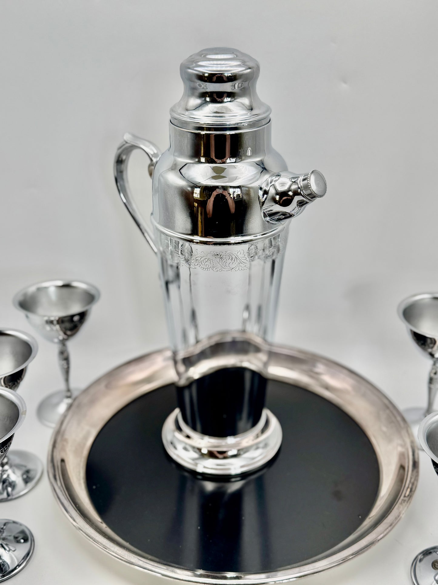 Vintage Chrome Cocktail Shaker Set w/ 6 Stemmed Glasses & Tray Barware