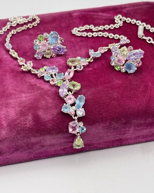 Vintage Napier Pastel Rhinestone Necklace Earrings Set Clip Screw Back Signed
