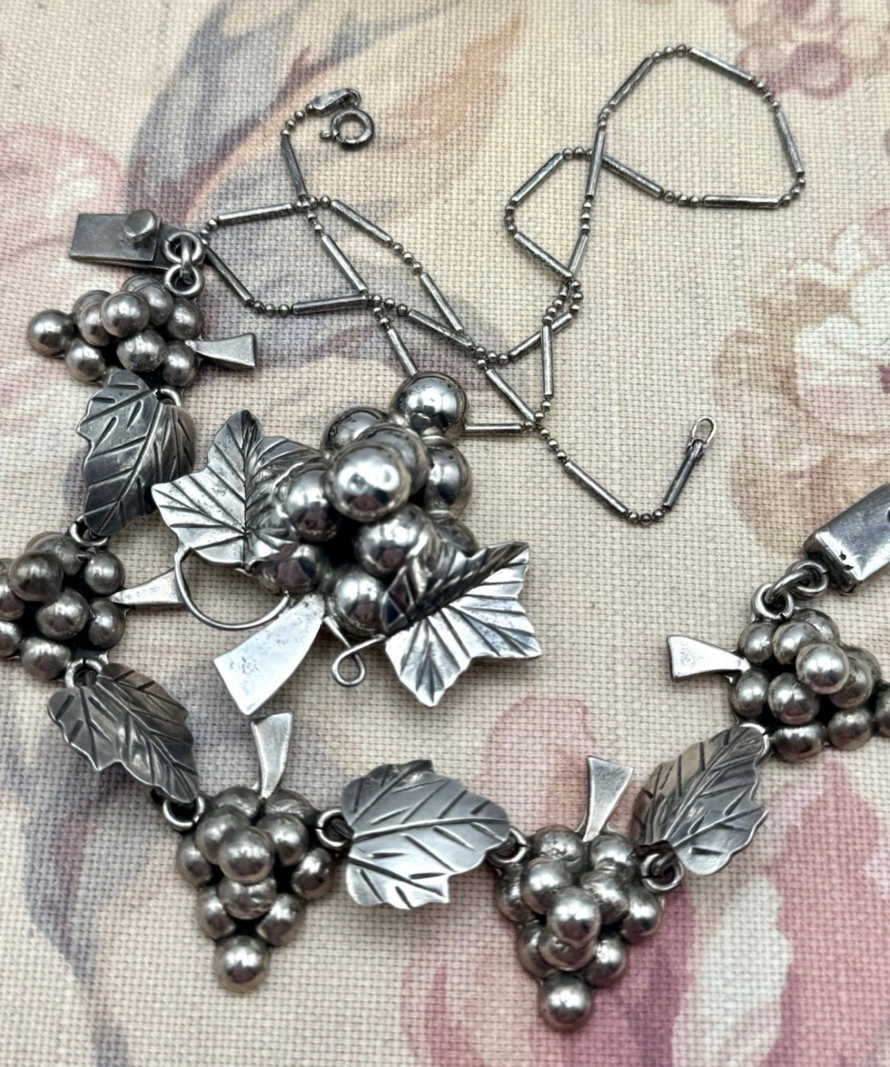 Vintage Mexico 925 Grape Sterling Bracelet Brooch Pendant Chain Set
