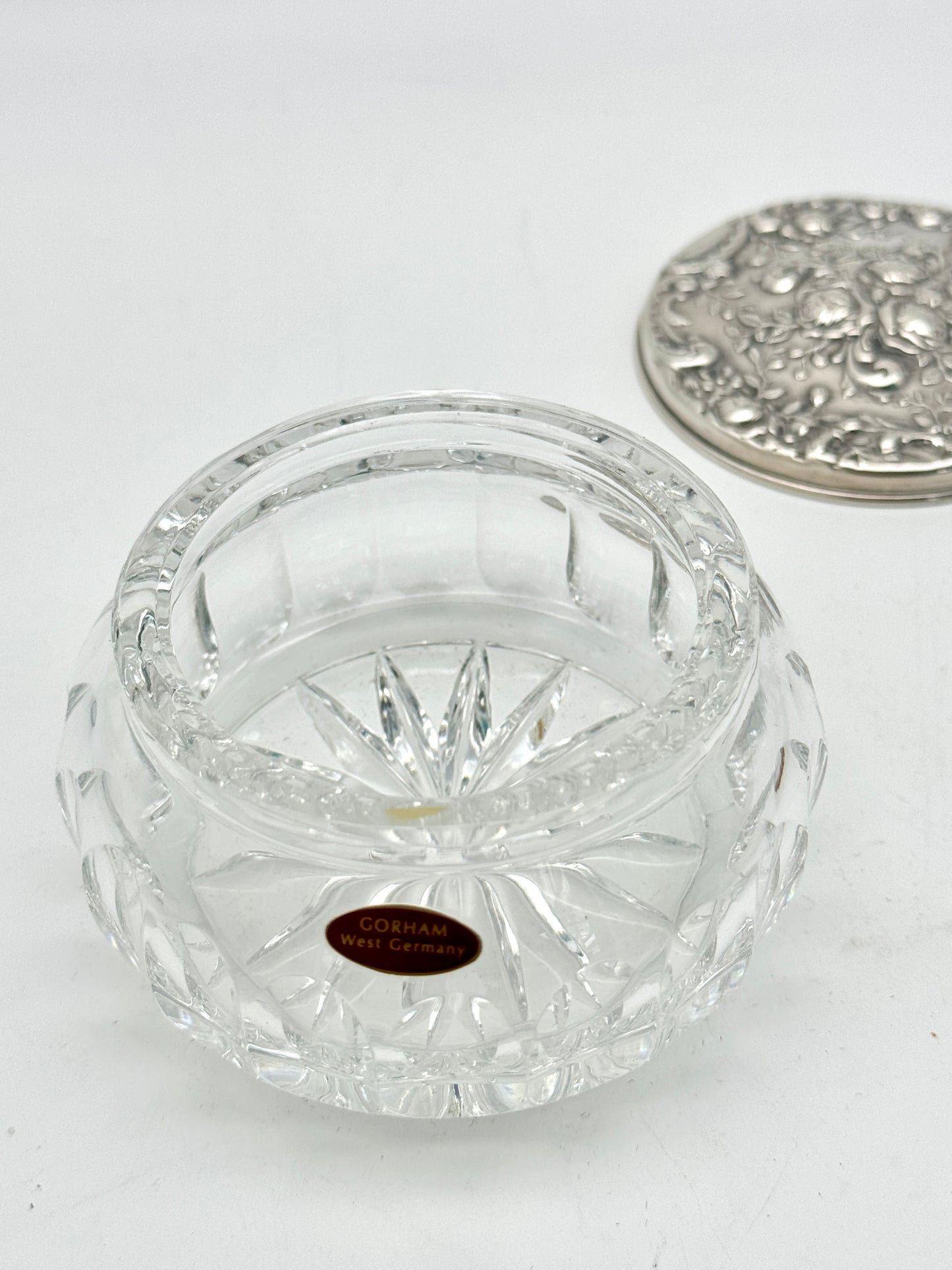 Vintage Powder Jar GORHAM West Germany Cut Crystal Silver Plate Lid W/Rose Repousse