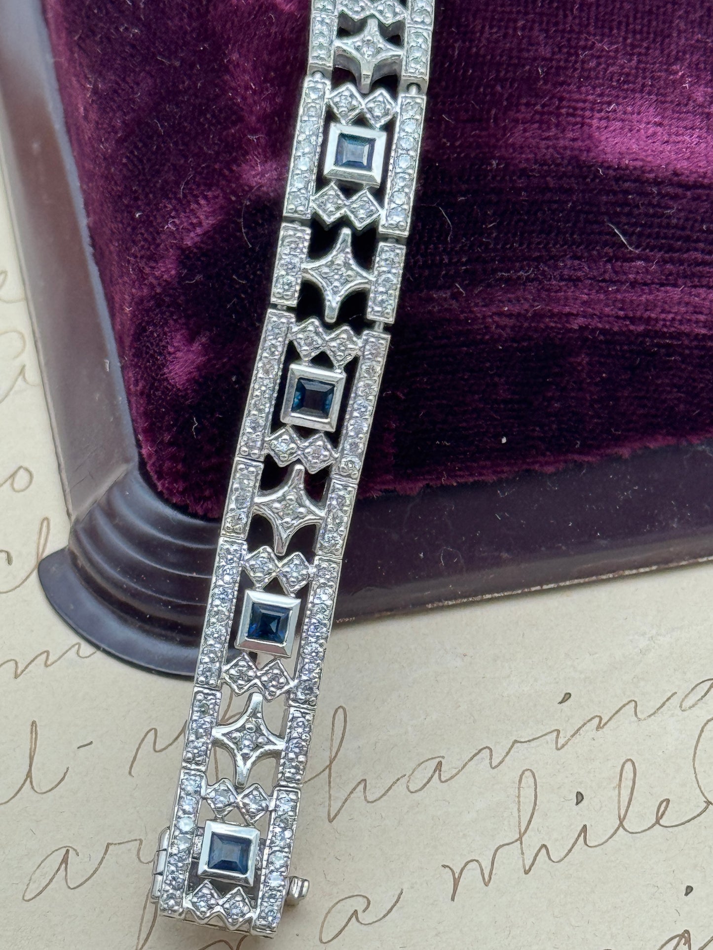 14k White Gold Natural Diamond & Natural Sapphire Art Deco Style 6.5”l incl. APPRAISAL 2006