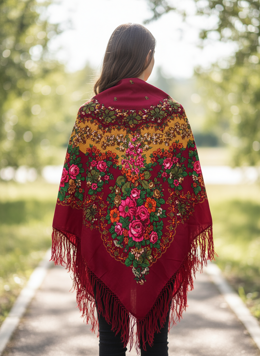 1980s XL Wool Fringed Floral Scarf – Burgundy with Pink Roses