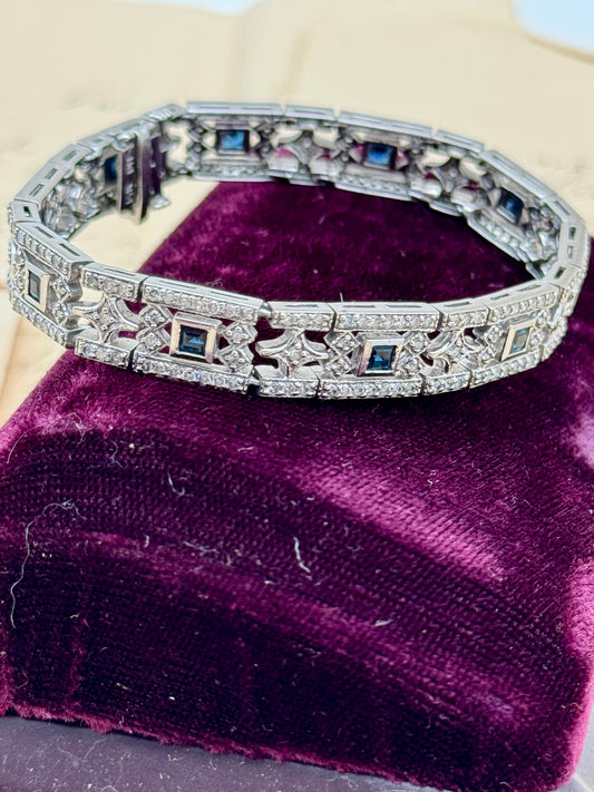 14k White Gold Natural Diamond & Natural Sapphire Art Deco Style 6.5”l incl. APPRAISAL 2006