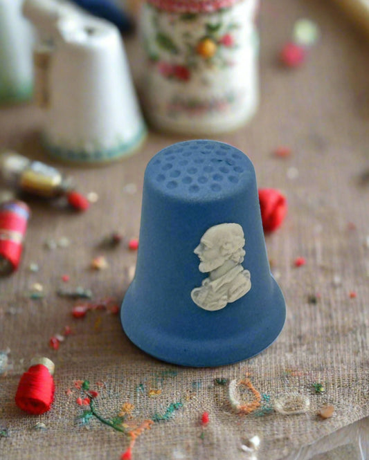 Wedgwood William Shakespeare Blue Jasperware Thimble, used, England, 1"