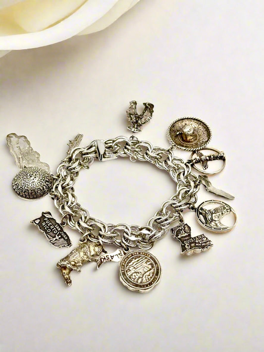 Vintage CHUNKY Sterling Charm Bracelet 12 Charms Circa 7.25”