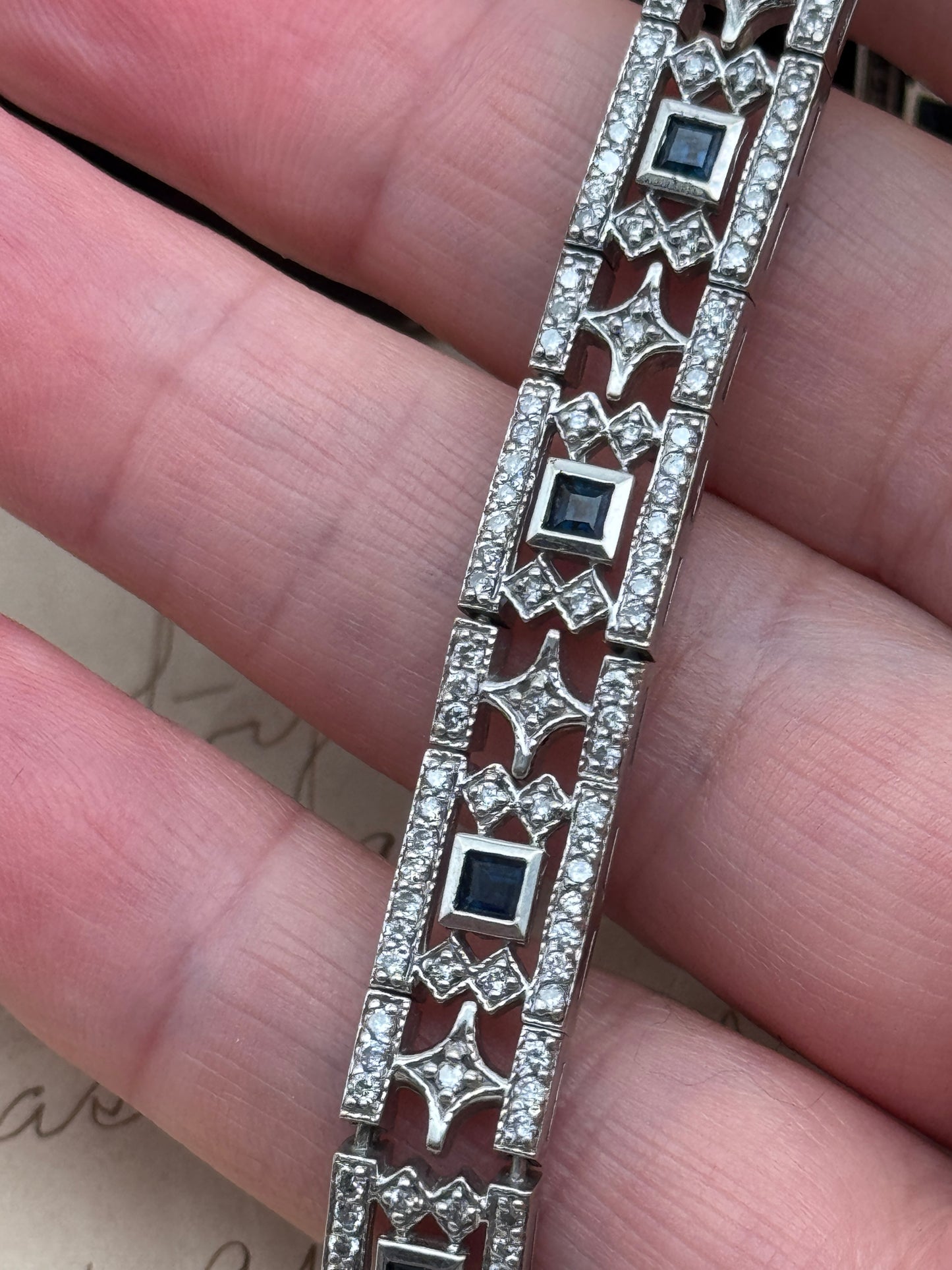 14k White Gold Natural Diamond & Natural Sapphire Art Deco Style 6.5”l incl. APPRAISAL 2006