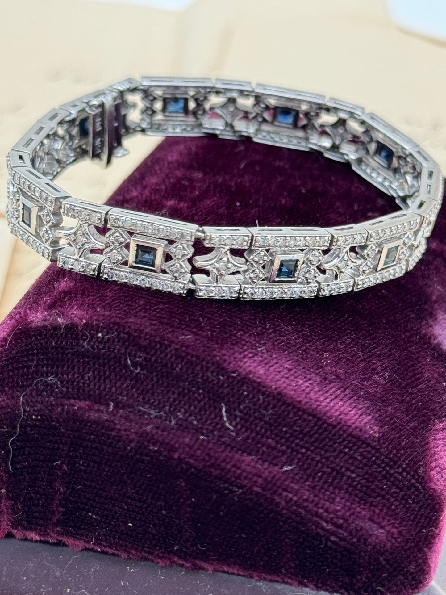 14k White Gold Natural Diamond & Natural Sapphire Art Deco Style 6.5”l incl. APPRAISAL 2006