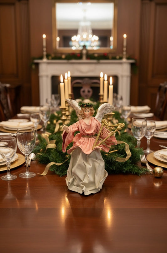 Vintage Christmas Tree Topper ANGEL Fabric Wings Pink Harp 9.5 Inch