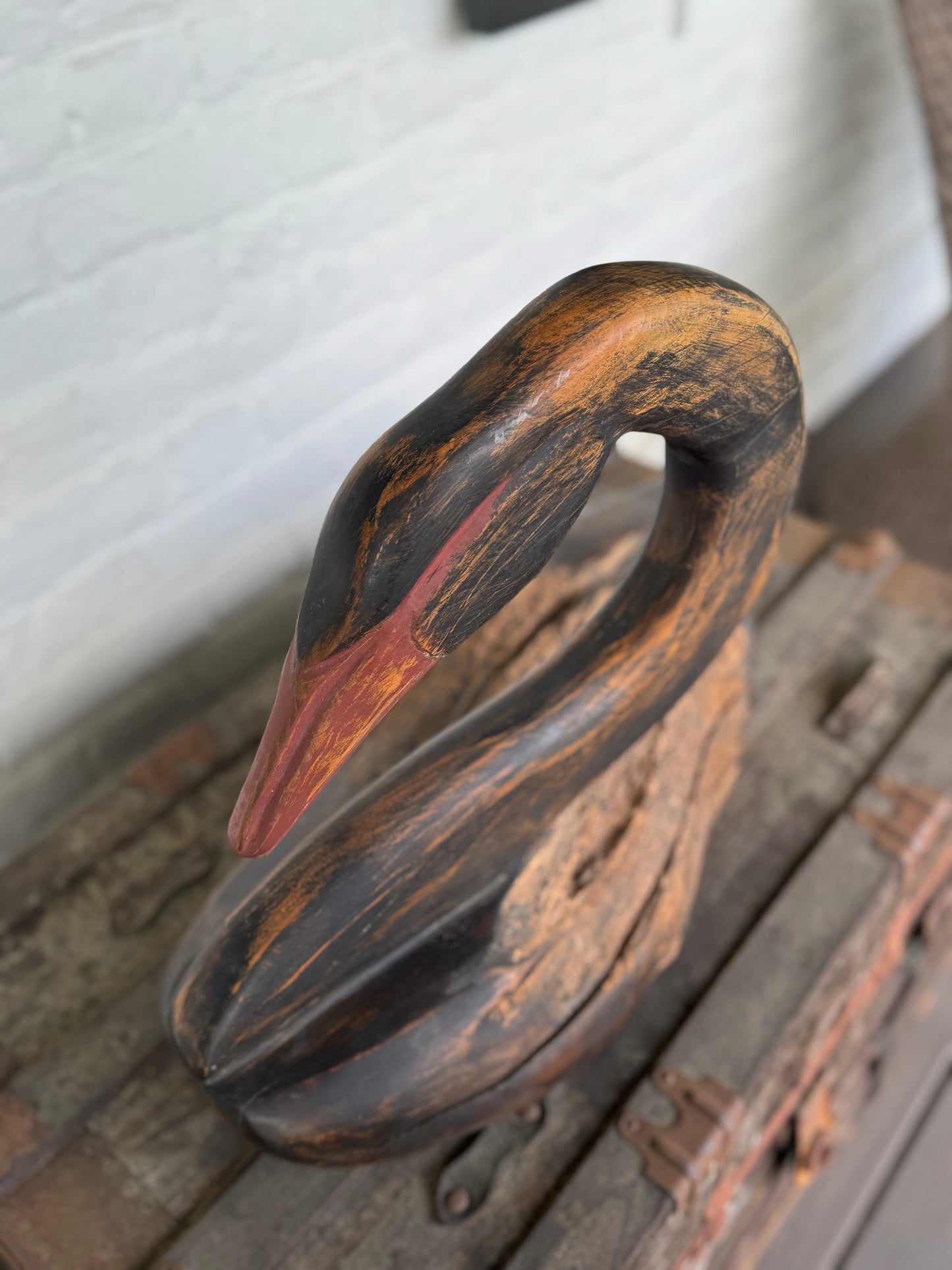 Vintage Hand Carved Wooden Black Swan Sculpture Large 26” Rustic Estate Find