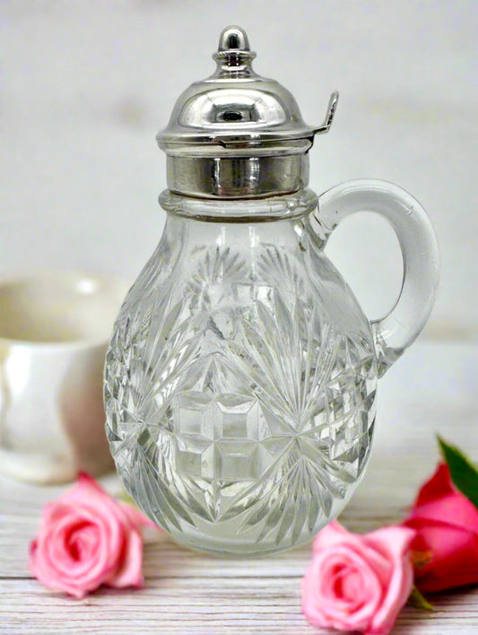 Vintage Glass Syrup Pitcher With Silverplate Lid Inside REPAIR