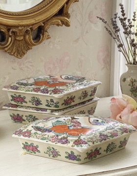 Vintage Chinoiserie Famille Rose Trinket Box Set originally sold by MILLER RHOADS Department Store