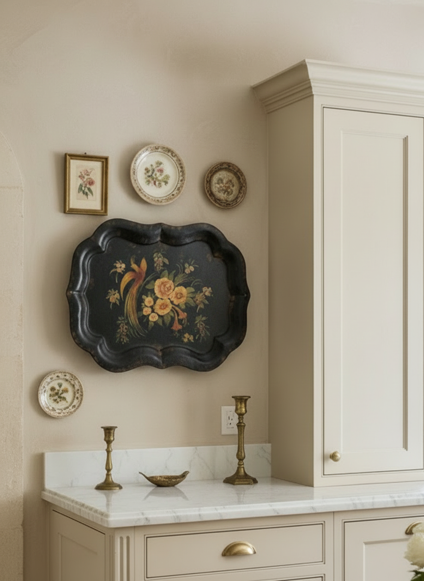 Antique 19th Century Tole Tray Hand Painted Bird Flowers 29”x 21” ESTATE FIND