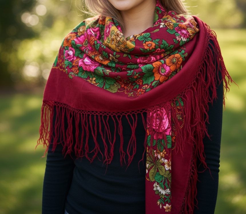 1980s XL Wool Fringed Floral Scarf – Burgundy with Pink Roses