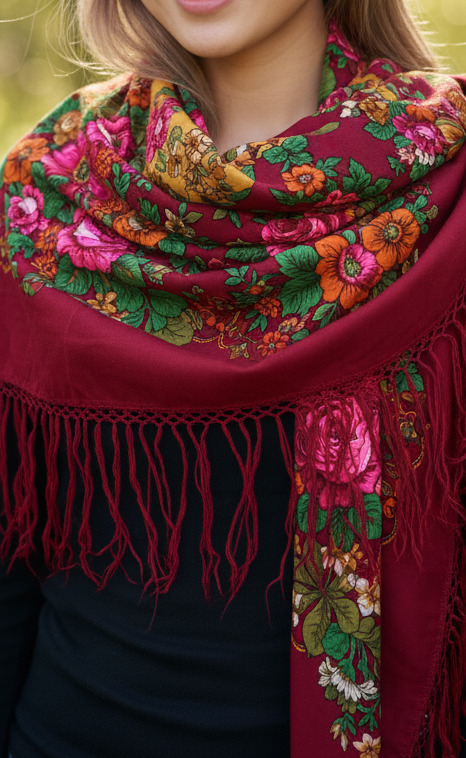 1980s XL Wool Fringed Floral Scarf – Burgundy with Pink Roses