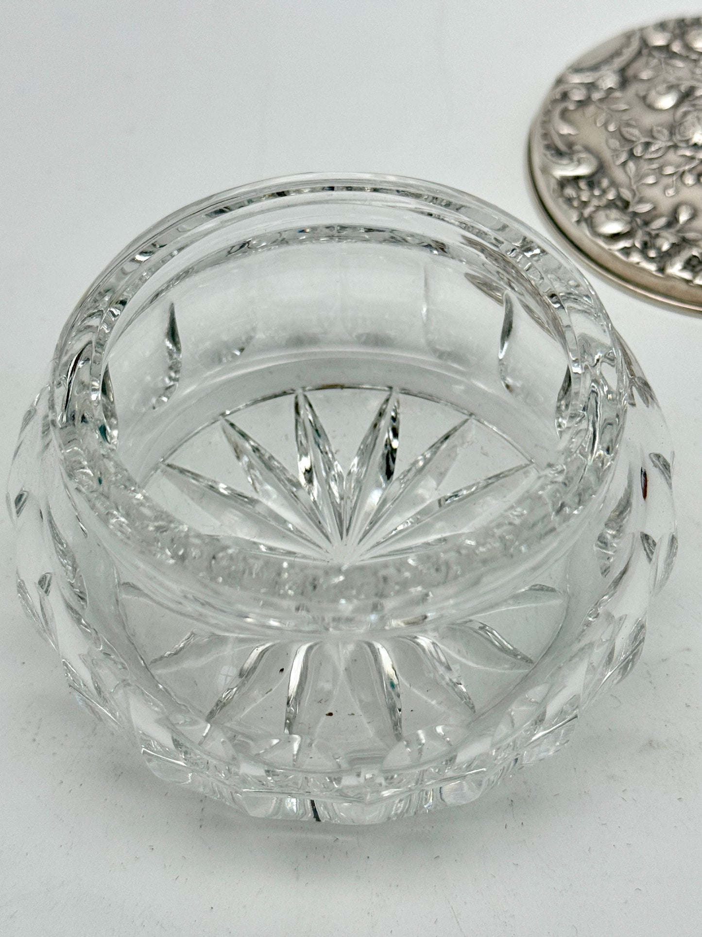 Vintage Powder Jar GORHAM West Germany Cut Crystal Silver Plate Lid W/Rose Repousse