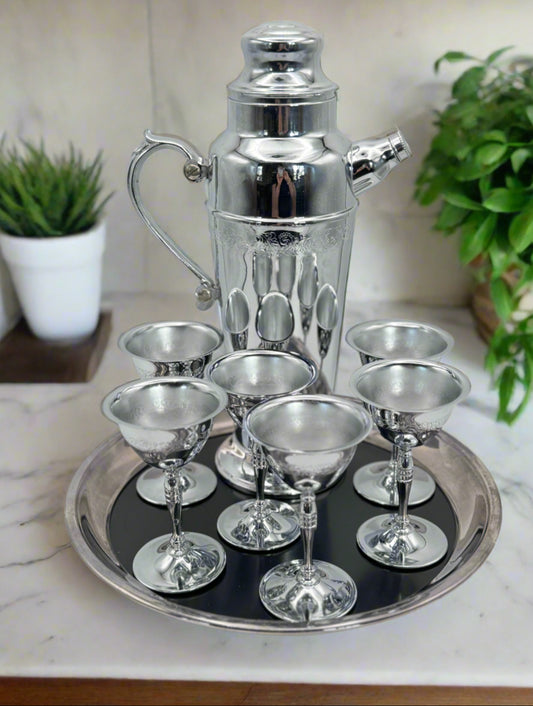 Vintage Chrome Cocktail Shaker Set w/ 6 Stemmed Glasses & Tray Barware
