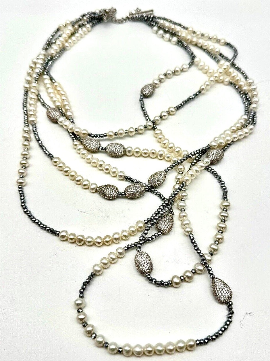 5 Strand Pearl 925 Sterling Silver Necklace 19” Inside SIGNED LUC CN