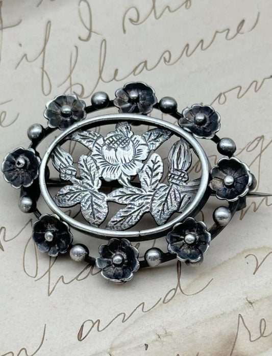 ANTIQUE Victorian Silver TESTED Floral Design Oval Brooch