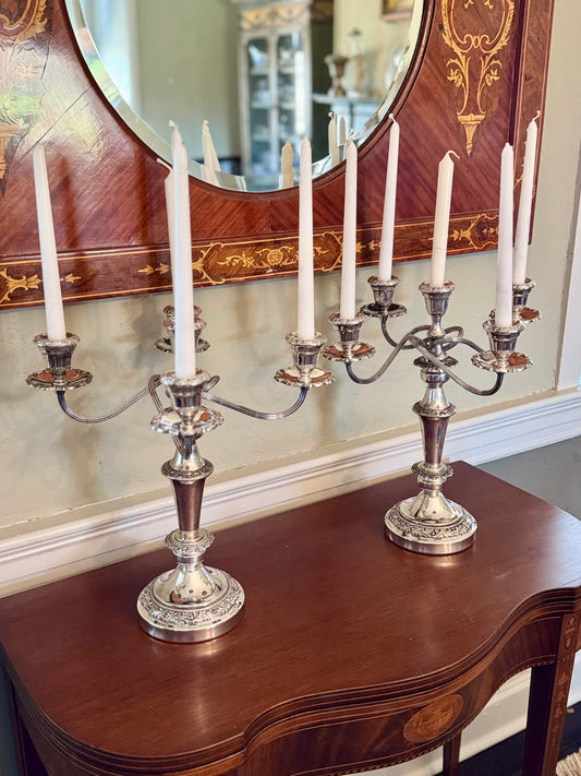 Pair of Vintage Silver Plate Convertible 3/5 Light Topper Candelabra – 6 Display Combinations