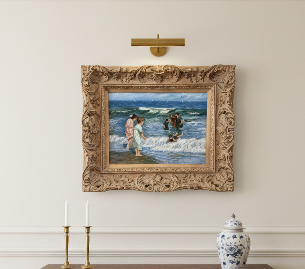 Vintage IMPRESSIONIST Beach Scene Oil Canvas Wood Frame 23.5 X 19.5 X3” Signed