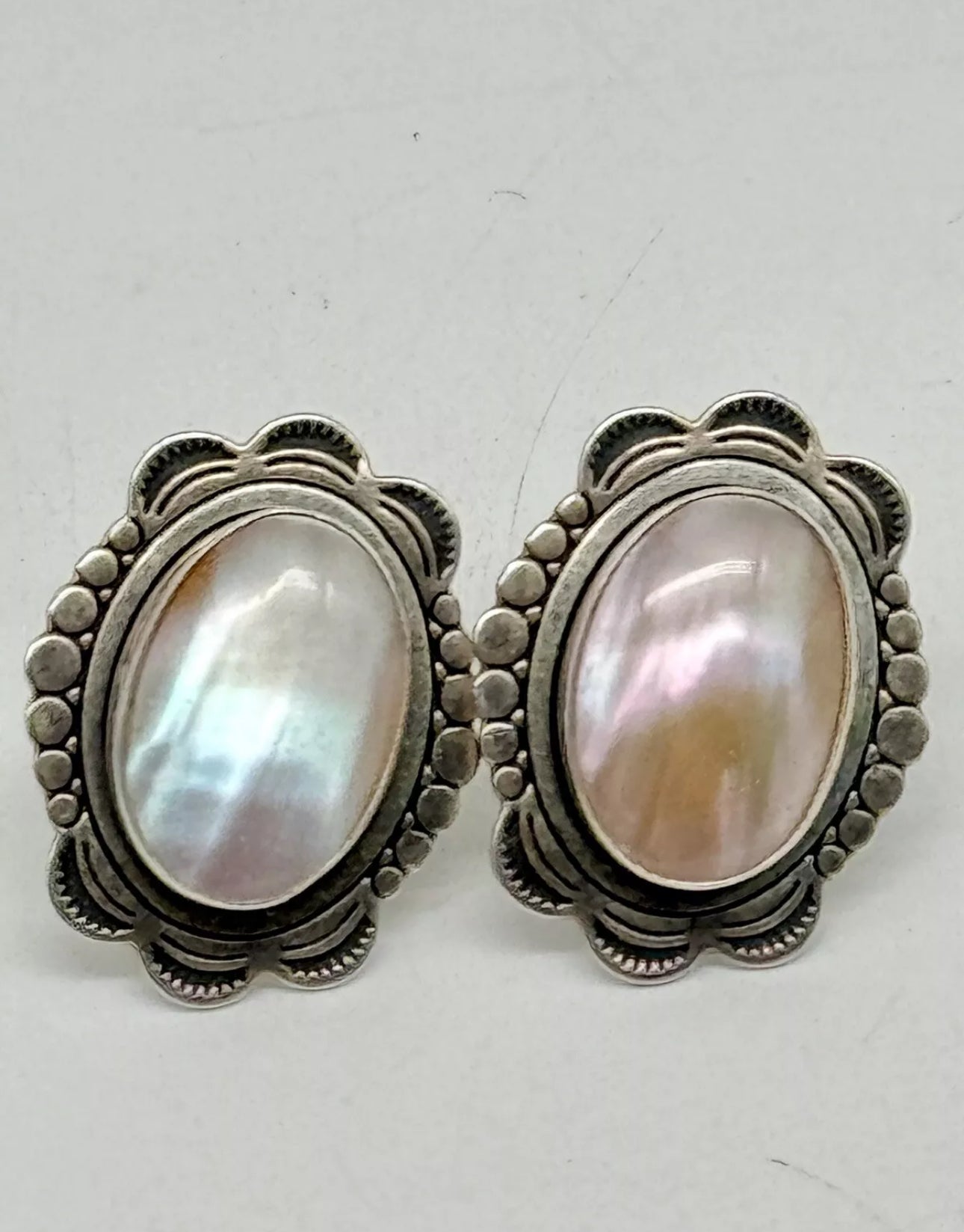 Mother Of Pearl Earrings NAVAJO Clip-on Quoq Turquoise SIGNED QT Sterling Silver