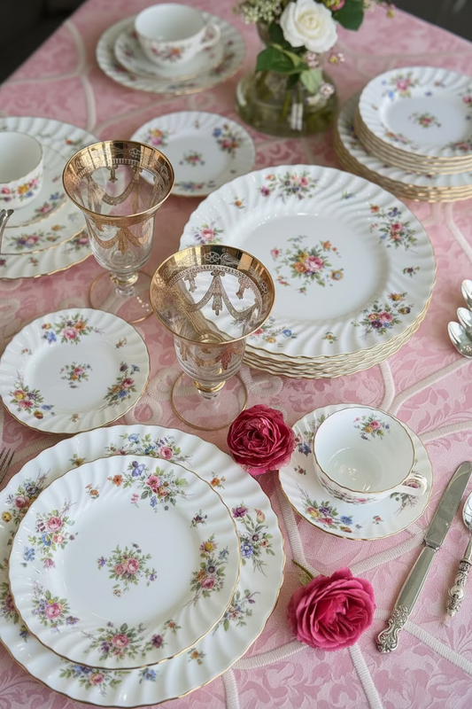 Vintage Minton “Marlow” Fine Bone China Service for 8 – 40 Piece Floral Gilt Dinnerware Set