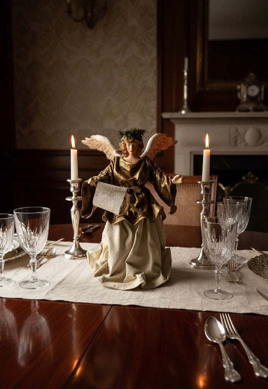 Vintage Christmas Tree Topper ANGEL Fabric Wings Gold Hymn Sheet 9.5 Inch